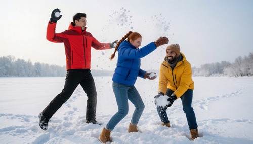 Three Friends in Bright Jackets Having Snowball Fight