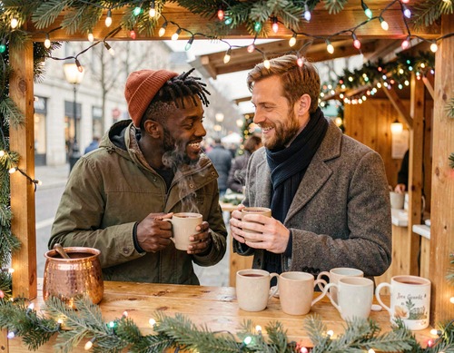 Two Friends Sipping Mulled Wine at Christmas Market