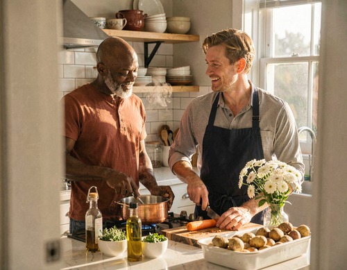 Two Men Cooking New Year’s Eve Dinner Together
