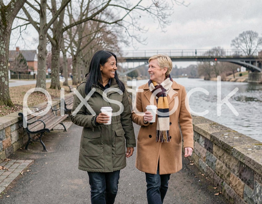 Two Women Friends Walking River Path With Coffee