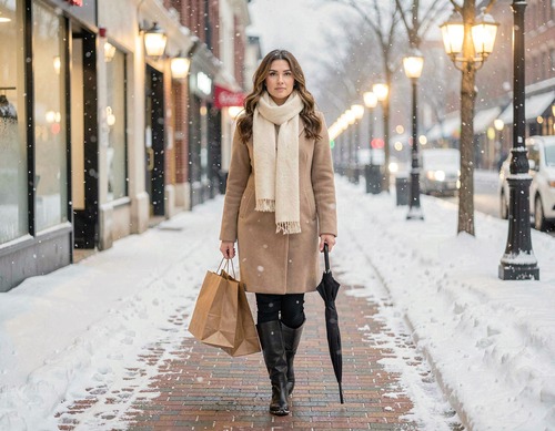 Woman Carrying Paper Bags in Snowy City Street