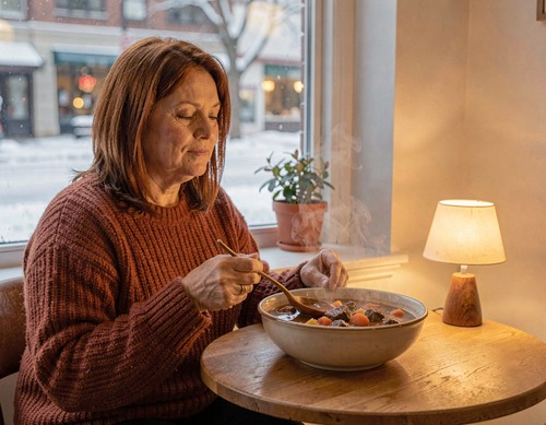 Woman Eating Stew at Window Table