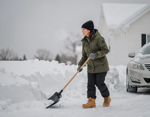 Woman in Green Parka Shoveling Snow from Driveway