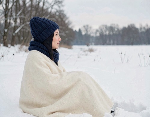 Woman in Snowy Meadow with Blanket
