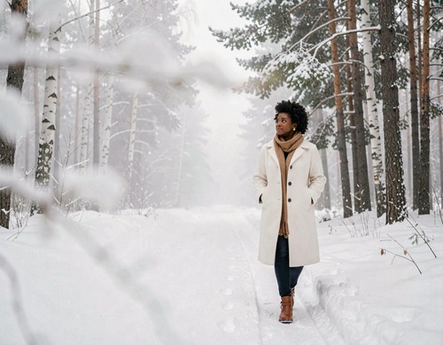 Woman in White Wool Coat on Snowy Forest Path