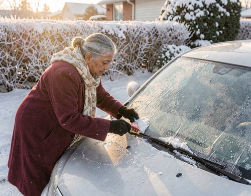 Woman Scraping Ice Off Car Windshield