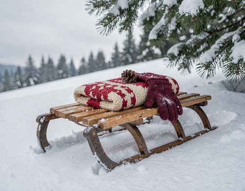 Wooden Sled and Wool Blanket on Fresh Snow