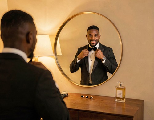 Young Black Man Adjusting Bow Tie in Mirror