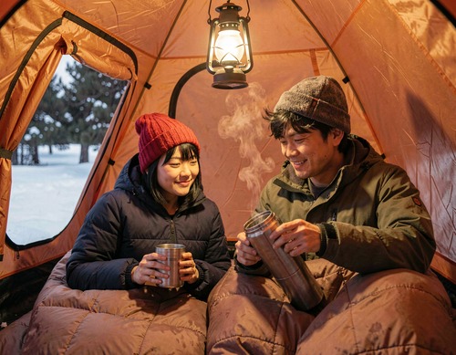 Young Couple Inside Lantern-Lit Winter Tent