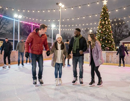 Young Friends Ice Skating Under Colorful Lights