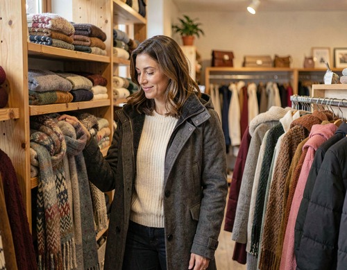 Young Woman Shopping for Wool Scarf in Winter Boutique